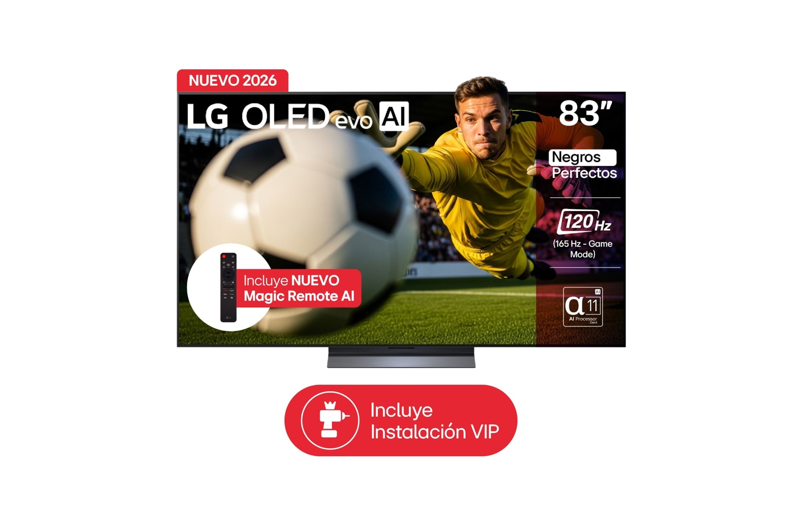 Vista frontal de TV LG OLED evo AI 83" – La cancha en tu sala, imagen y sonido realista OLED83C6PSA